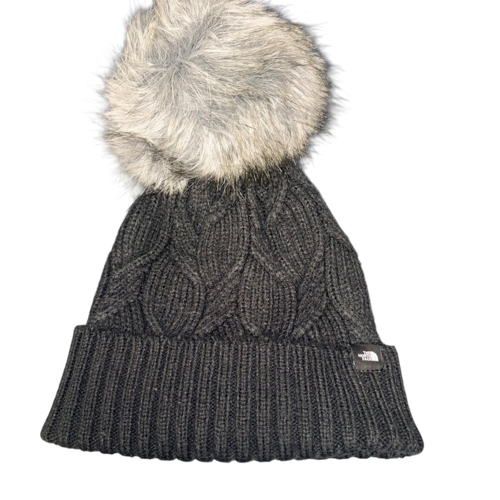 The North Face Charcoal Knit Beanie with Faux Fur Pom size one